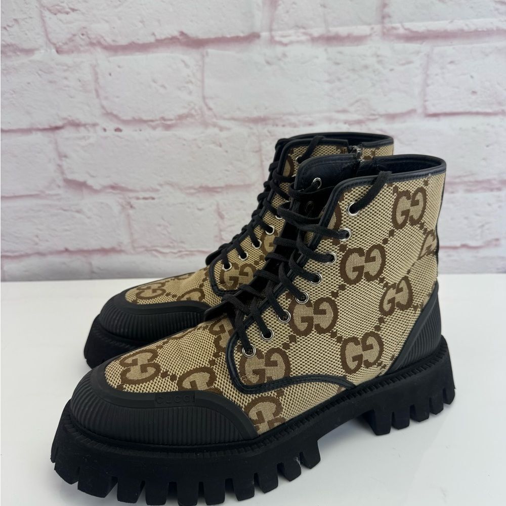 Gucci GG Canvas Printed Lace Up Combat Boots 8.5